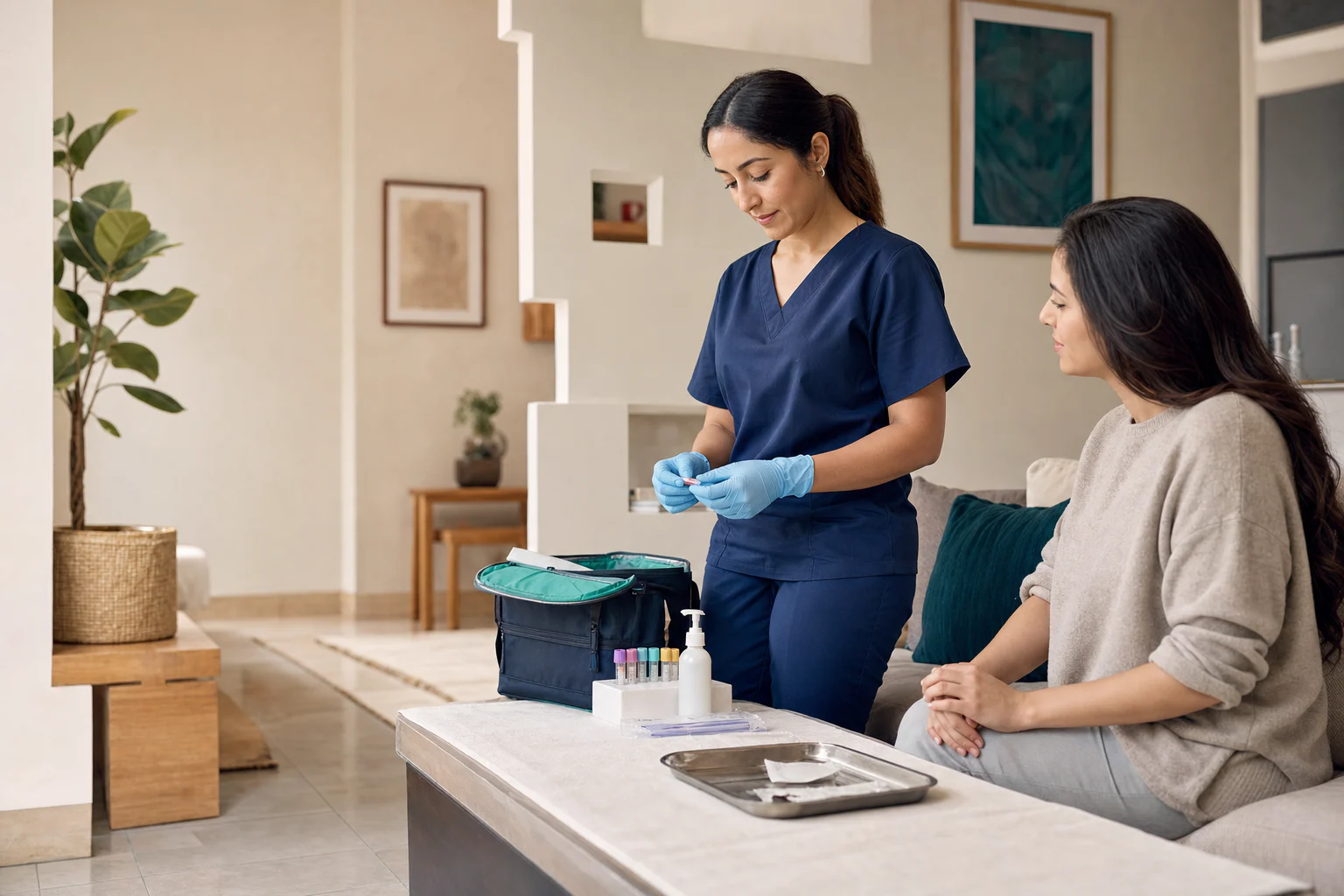 Professionnelle de santé accompagnant une patiente à domicile